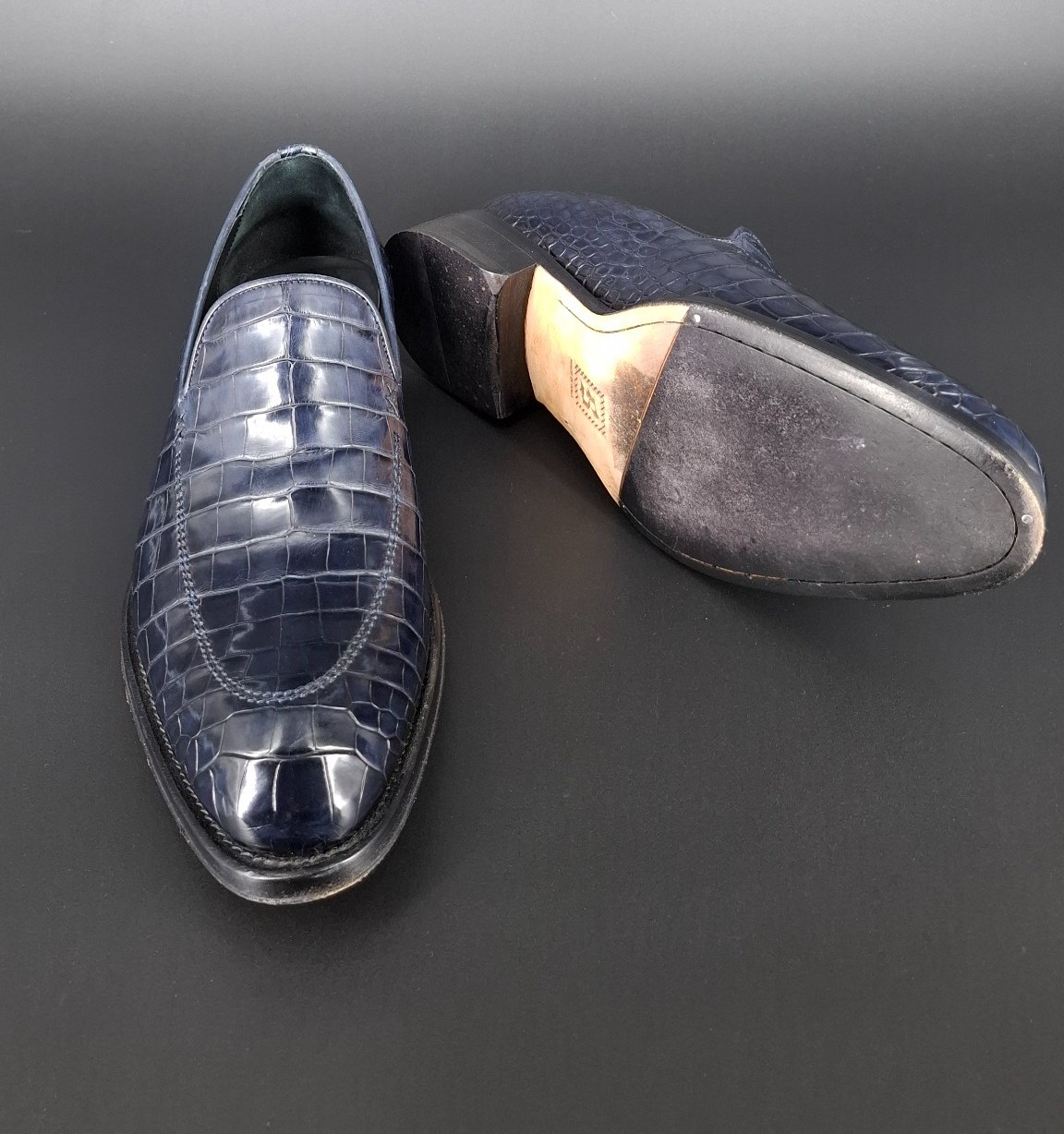 Brioni Blue Crocodile Alligator Leather Loafers до установки защиты на кожаную подошву